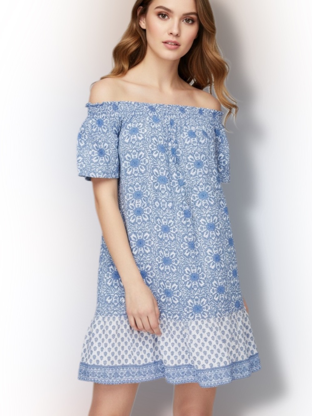 Vineyard Vines Tile Medallion Hydrangea Off Shoulder Dress Blue XS EUC